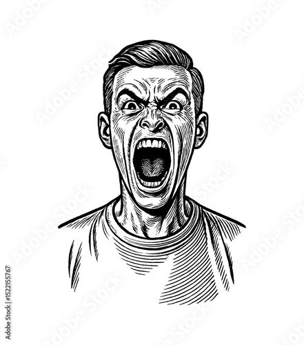 Angry Man Screaming Loudly with Open Mouth in Black and White Engraving Style Illustration