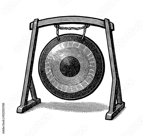 Detailed Engraved Illustration of a Gong with Wooden Stand in Black and White