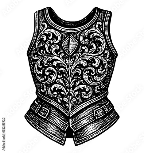 Detailed Engraving of Ornate Vest Armor with Floral and Shield Design in Black and White