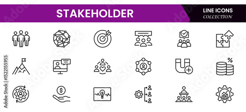 Concise vector web line icons illustrating stakeholder engagement, collaboration, influence, communication, and strategic partnerships in business ecosystems.