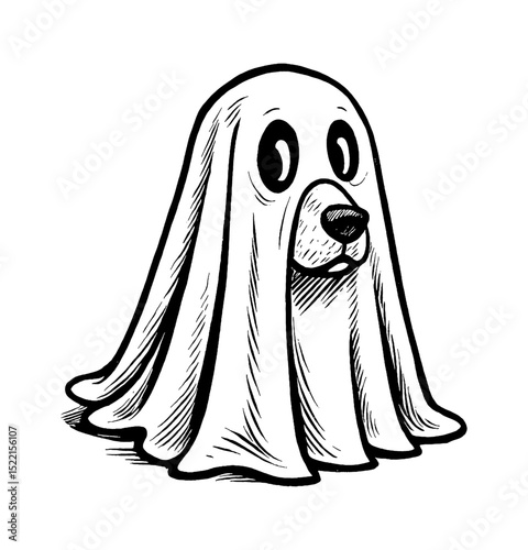 Cute Dog Dressed as Ghost Costume for Halloween with Black and White Sketch Style