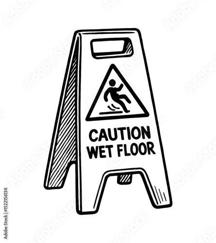 Caution wet floor warning sign with stick figure falling. Safety message symbol vector art