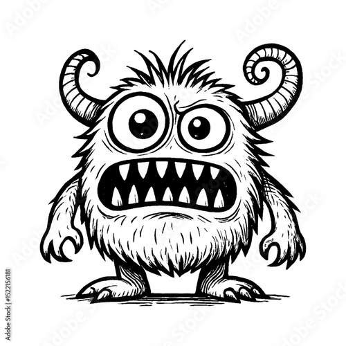 Cute Monster with Horns and Big Eyes Illustration in Black and White Detailed Line Art