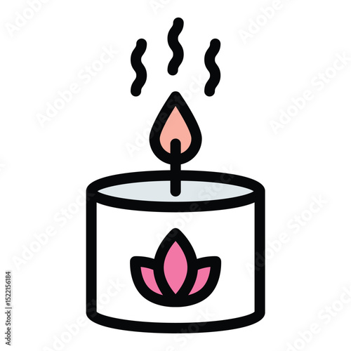 Aromatic candle icon flat line style illustration representing relaxation and ambiance, suitable for wellness, home decor, and self-care-related projects