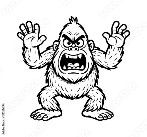 Cartoon Gorilla Screaming with Open Mouth and Showing Teeth with Arms Raised Up