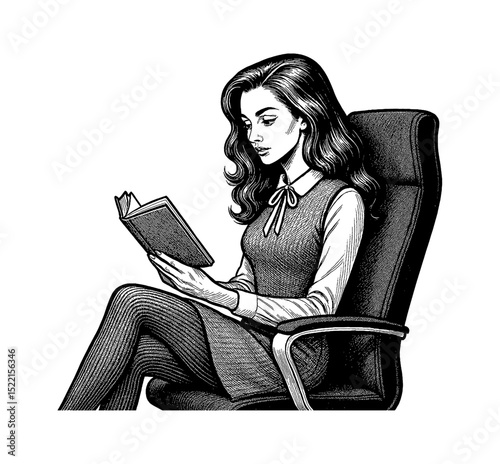 Woman reading book sitting on a chair in black and white drawing line art