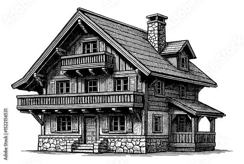 Illustration of detailed two-story alpine chalet house with balcony and stone foundation