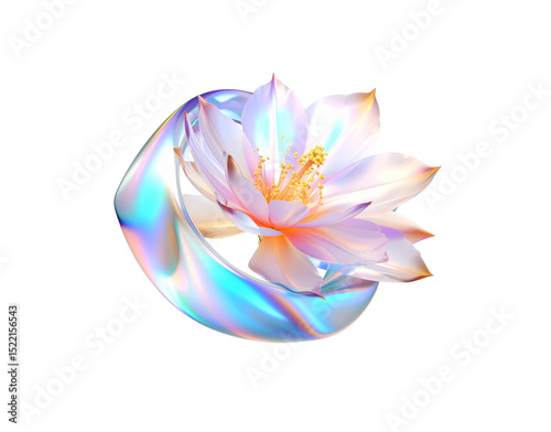 Iridescent Ring with Delicate White Flower and Golden Stamens Soft Light