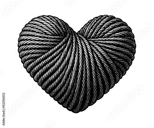 Detailed Black and White Engraving of Heart Shape Made of Rope, Symbolizing Love and Connection