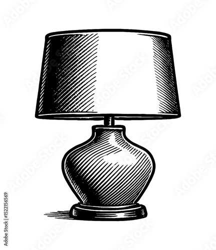 Illustration of a Desk Lamp with Shade in Black and White Hatch Style Drawing