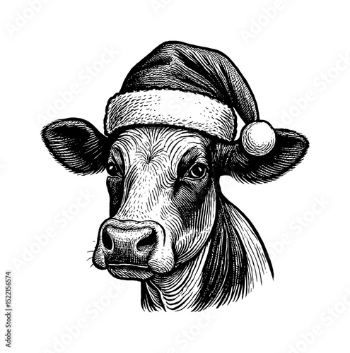 Engraved Cow Wearing a Christmas Hat, Detailed Black and White Illustration, Holiday Theme