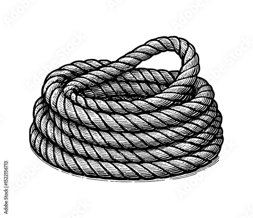 Illustration of Coiled Rope with Black and White Engraved Lines