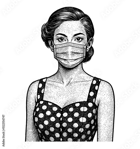 Portrait of an elegant woman wearing a polka dot dress and a face mask in engraving style