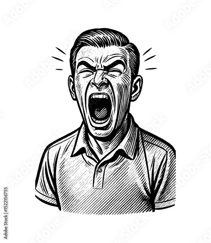 Aggressive Man Screaming with Mouth Open and Eyes Closed in Engraving Style Black and White