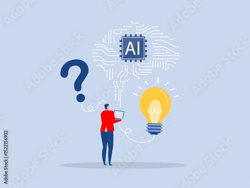 Questions and answers,Businessman working with AI to find a solution to problem leading to the creation of a light bulb idea. Vector design.