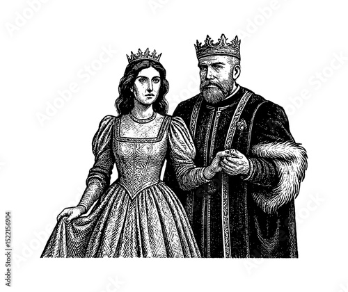 Elegant King and Queen Standing Together in Royal Attire Detailed Engraving Style