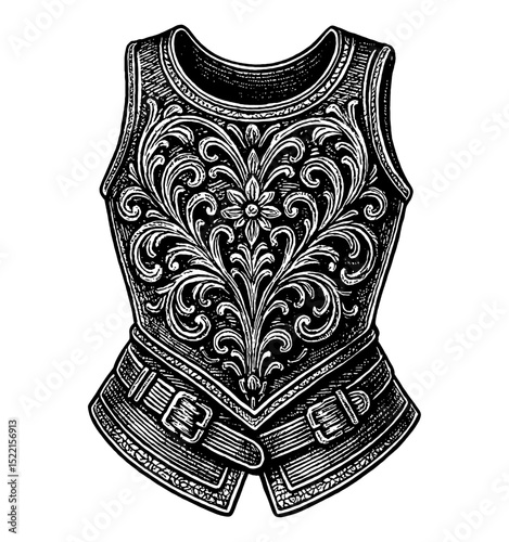 Detailed Engraving of a Decorative Black and White Vest with Floral Design