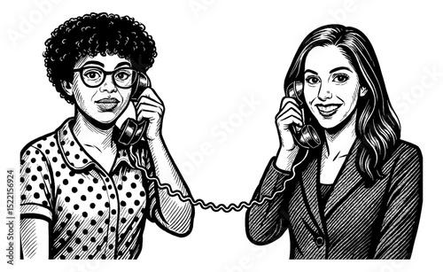 Two Diverse Women Talking on Corded Telephones Smiling in Black and White Detailed Line Art
