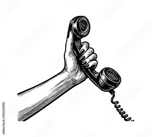 Hand Holding Telephone Receiver in Detailed Vintage Black and White Engraving Style