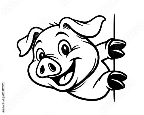 Cartoon Pig Smiling and Holding Sign with Happy Expression in Black and White Line Art