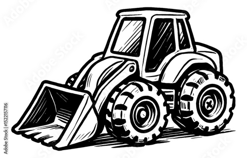 Illustration of a Front End Loader with Bold Outlines in Black and White Vector Style
