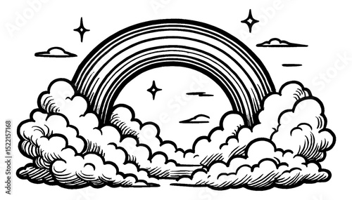 Black and White Engraving Style Illustration of Rainbow Clouds and Stars