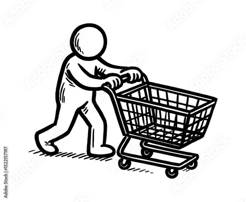 Person Pushing Shopping Cart in Black and White Line Art Style Illustration