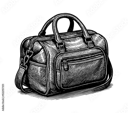 Detailed Engraving of a Duffel Bag with Straps and Zippers in Black and White