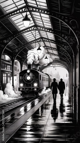 beautiful black and white etching or charcoal drawing of a dimly lit vintage train station. subway station at night
