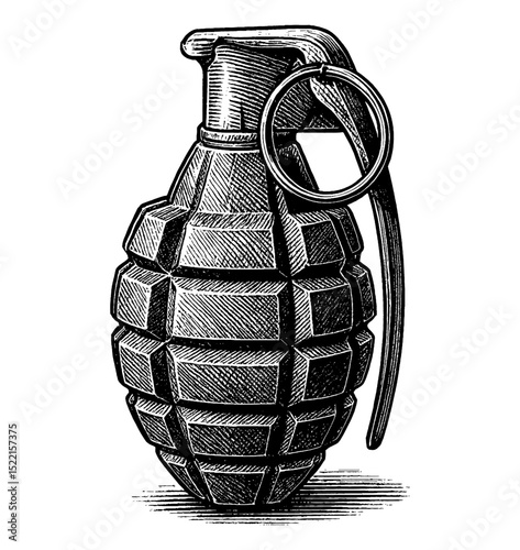 Illustration of a Hand Grenade with Detailed Engraving in Black and White