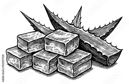 Aloe Vera Stacked with Cubes Illustration in Detailed Black and White Engraving Art Style