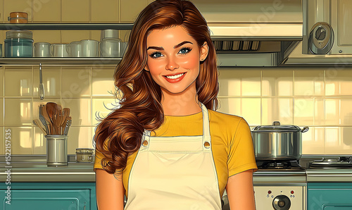 Smiling young woman in an apron standing in a kitchen with white cabinets and cookware visible in the background