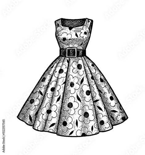 Elegant vintage floral dress with belt, sketch style illustration, black and white art