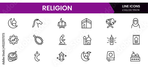 Sacred vector web line icons depicting religious symbols, faith, spirituality, worship, and diverse cultural beliefs with reverence.