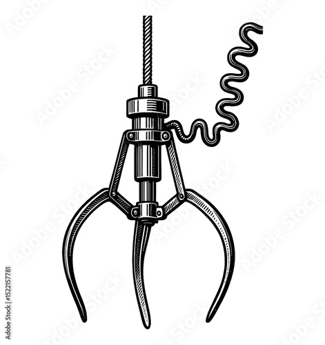 Monochrome Illustration of Claw Crane Mechanism with Cable and Three Curved Grips