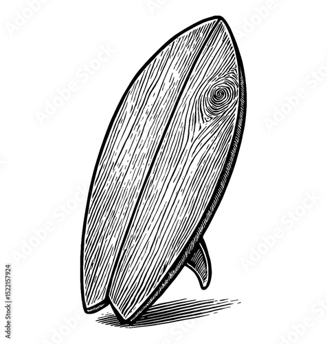 Engraved Style Surfboard with Wood Grain Texture in Black and White Illustration