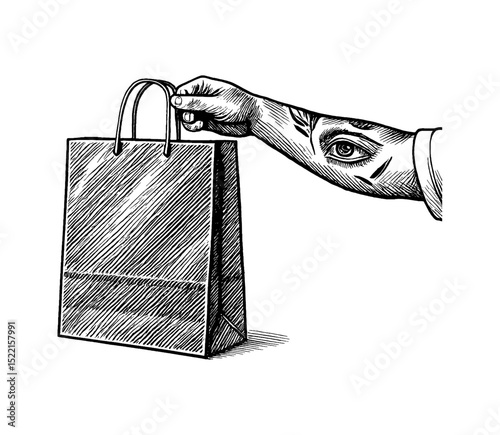 Hand holding a paper shopping bag in monochrome detailed engraving style, line art on white.
