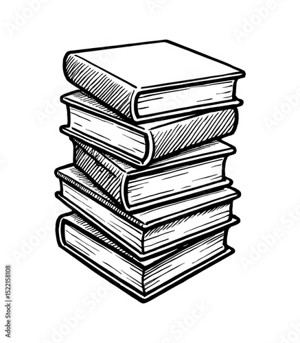 Stack of Six Books in Black and White Outline Line Art Drawing in Detailed Illustration