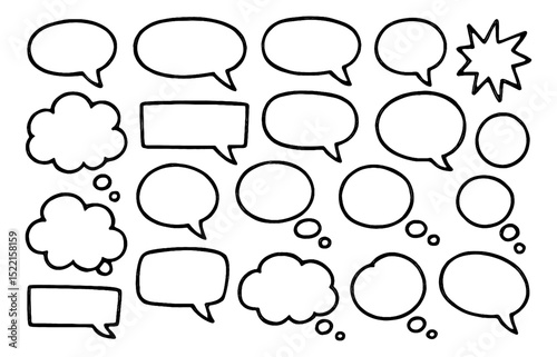 Collection of Hand Drawn Speech Bubbles of Various Shapes and Styles in Black and White