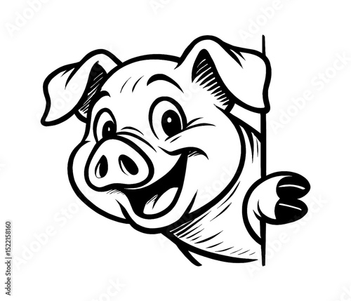 Happy Pig Peeking From Corner with Smiling Face in Black and White Detailed Vector Drawing