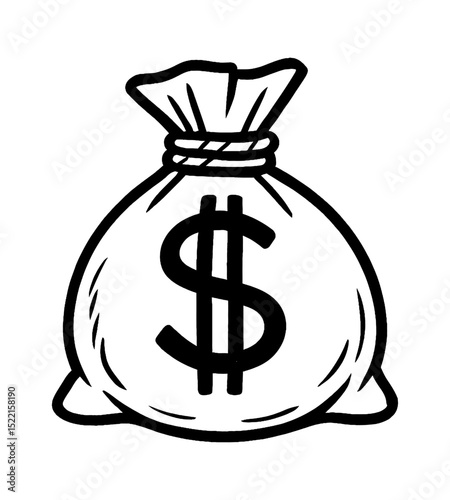 Illustration of a Bag of Money with Dollar Sign in Black and White, Symbol of Wealth
