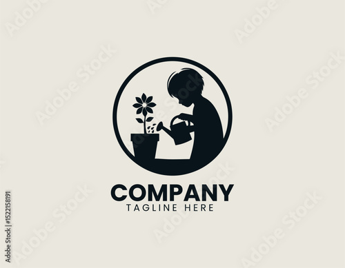 Gentle Little Boy Watering Flower Plant in Pot Vector Logo Design