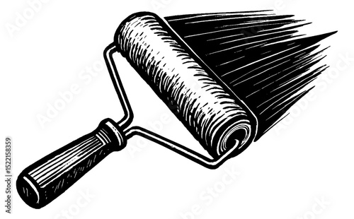 Paint roller spreading paint illustration in engraved black and white line art style