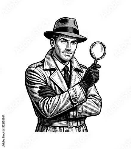 Detective Man with Magnifying Glass in Trench Coat with Serious Expression Black and White Drawing