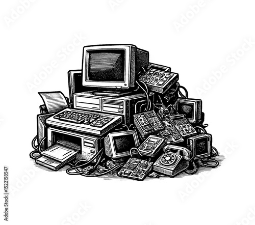 Pile of Obsolete Technology Devices in Black and White Detailed Engraved Style Art
