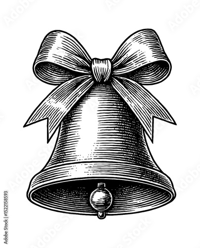 Illustration of a Christmas bell with a ribbon in engraving art style