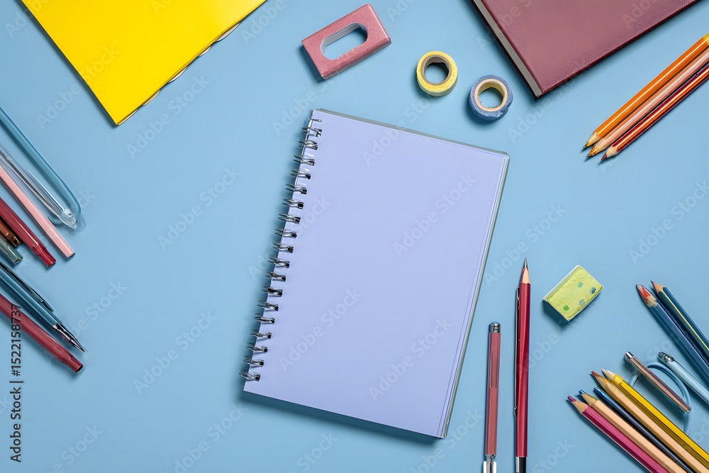 An array of art supplies, meticulously arranged on a vibrant blue backdrop, invites the imagination and sparks creativity. A blank notebook serves as the central canvas, flanked by colorful pencils. An array of art supplies, meticulously arranged on a vibrant blue backdrop, invites the imagination and sparks creativity. A blank notebook serves as the central canvas, flanked by colorful pencils.