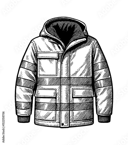 Detailed Line Art Drawing of Winter Coat with Hood and Pockets in Black and White