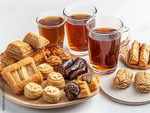 Assorted Korean Traditional Sweets and Cookies with Tea on White Background photo