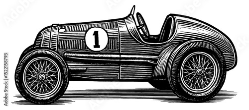 Vintage race car side view with number one on body in black and white detailed etching